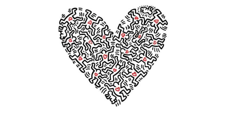 People with red hearts making the shape of a heart. Illustration by Keith Haring.