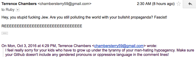 Screenshot of abusive e-mails from chambersterry59@gmail.com