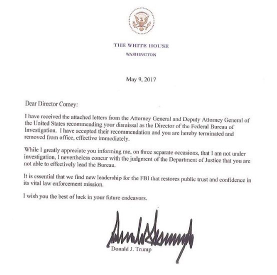 Letter from the president dismissing the FBI Director