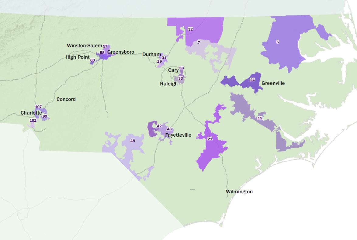 Detail if gerrymandered NC house districts by districks