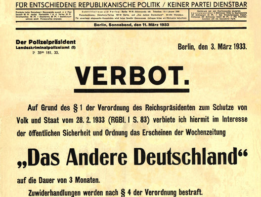 Das Andere Deutschland's final issue, announcing its own prohibition on the basis of the Reichstag fire decree.